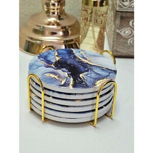 Navy Blue Marble Abstract Ceramic Coasters with Holder Absorbent Drink Coaster